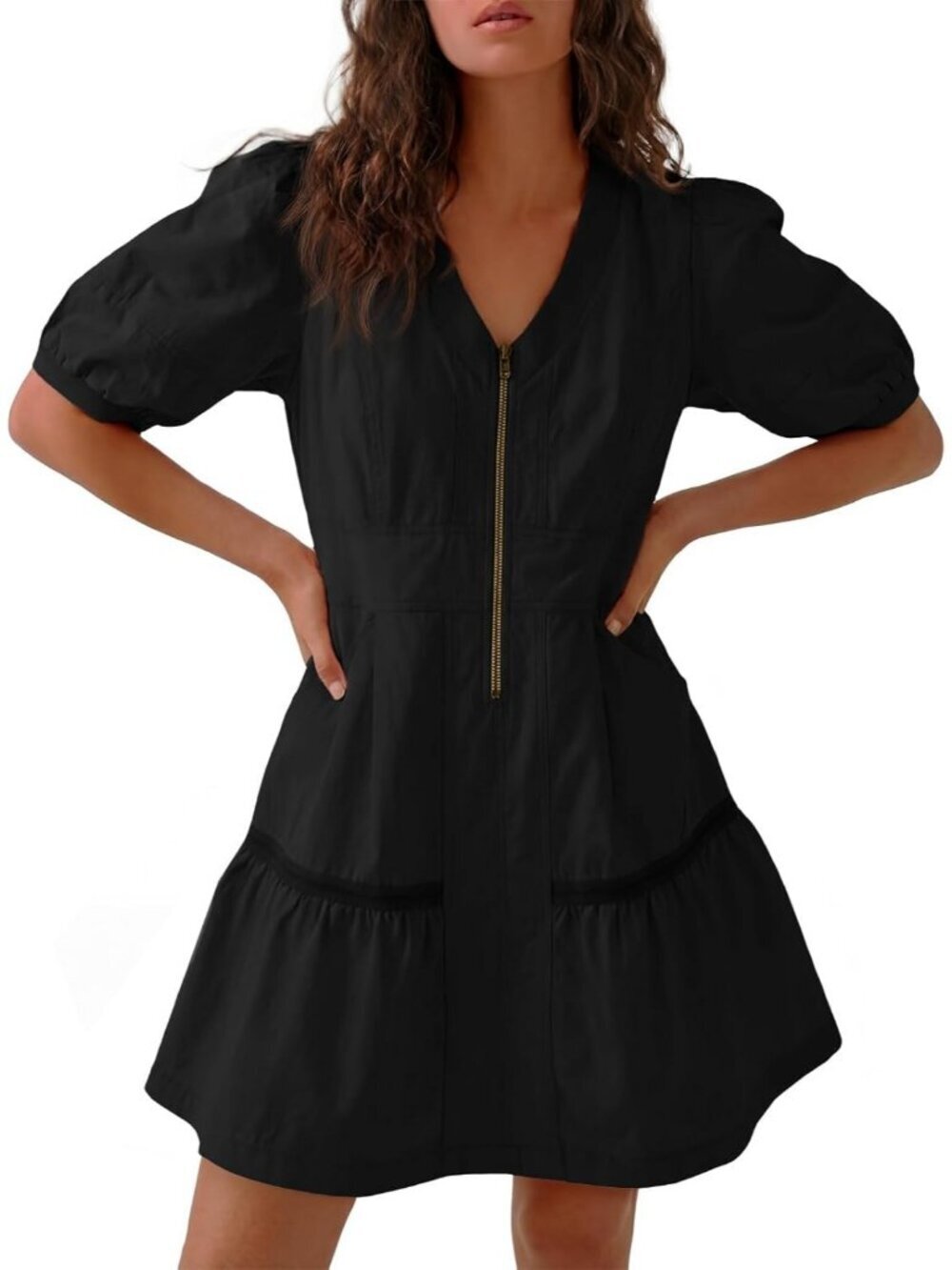 Women's Black Stylish Neck Loose Mesh Back with Short Sleeve Half Zip Mini Dress